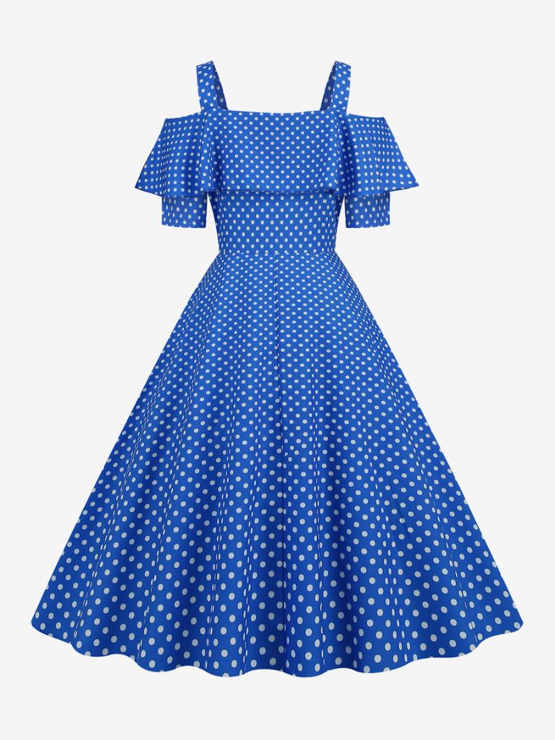 Kvinders Vintagekjole 1950'erne Bateau-hals Med Korte Ærmer Medium Polka Dot Rockabilly-kjole - Blå