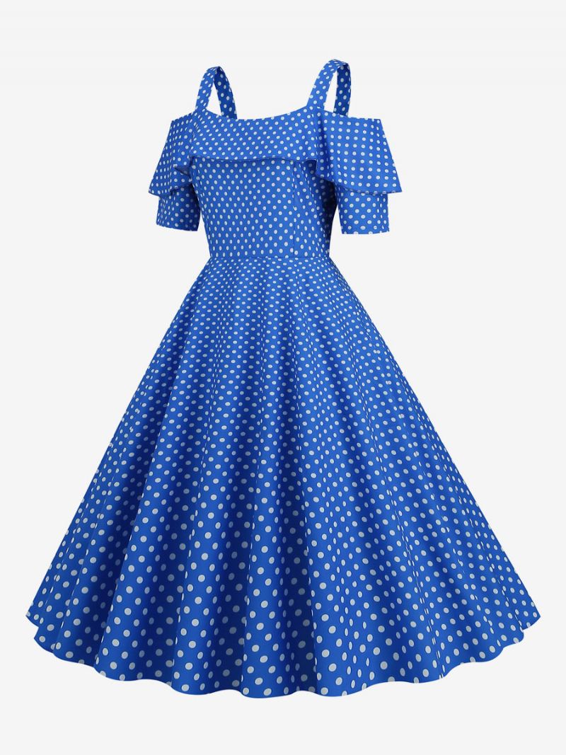 Kvinders Vintagekjole 1950'erne Bateau-hals Med Korte Ærmer Medium Polka Dot Rockabilly-kjole - Blå