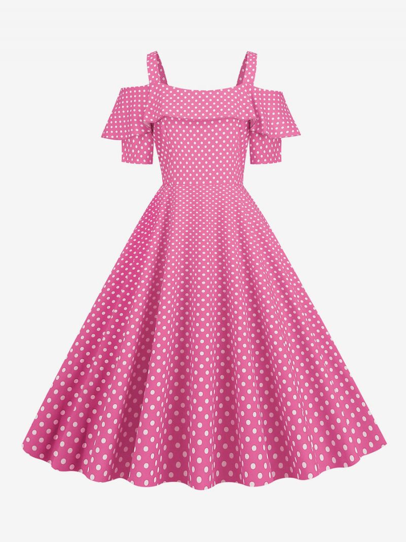 Kvinders Vintagekjole 1950'erne Bateau-hals Med Korte Ærmer Medium Polka Dot Rockabilly-kjole - Pink