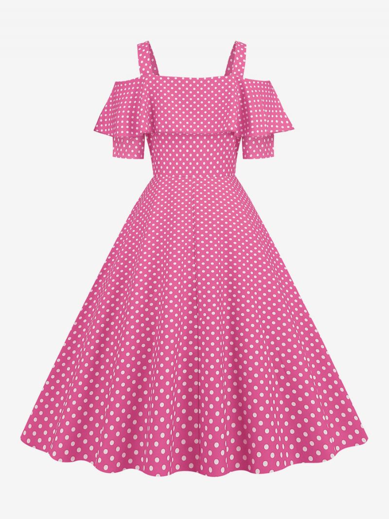 Kvinders Vintagekjole 1950'erne Bateau-hals Med Korte Ærmer Medium Polka Dot Rockabilly-kjole - Pink