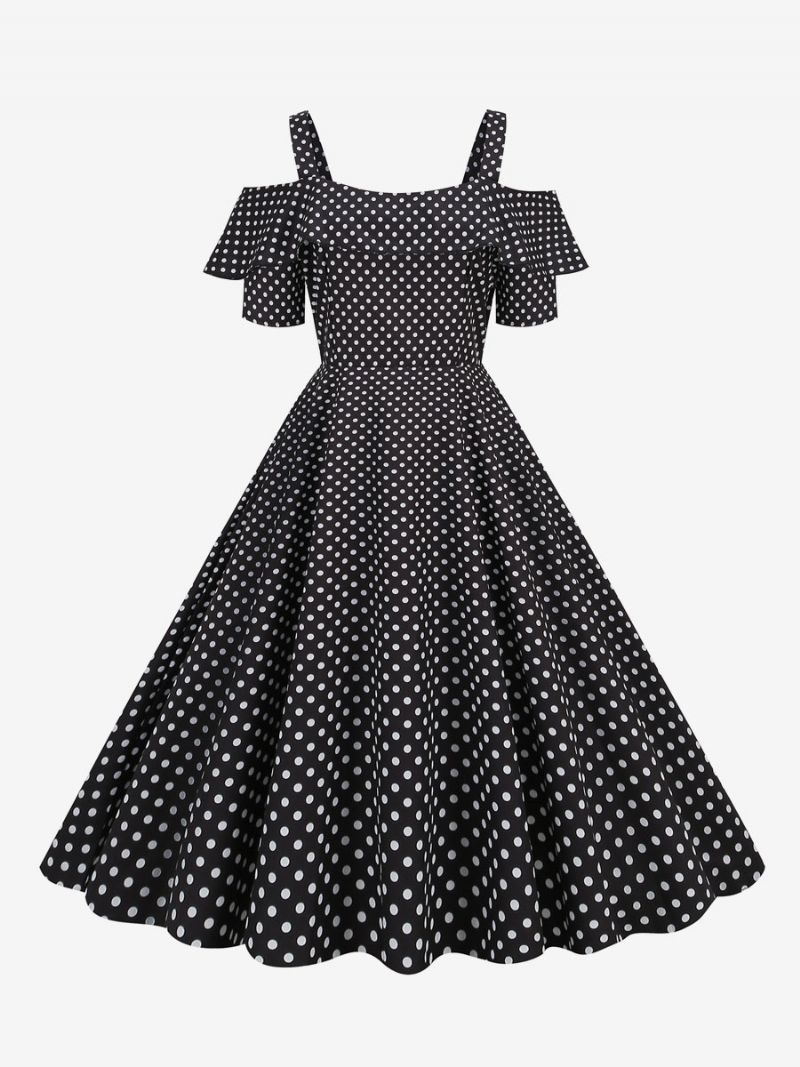 Kvinders Vintagekjole 1950'erne Bateau-hals Med Korte Ærmer Medium Polka Dot Rockabilly-kjole - Sort