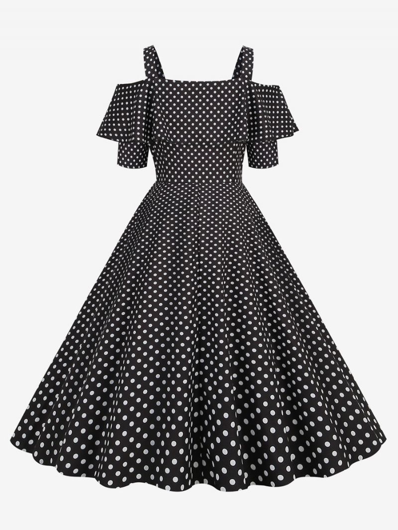 Kvinders Vintagekjole 1950'erne Bateau-hals Med Korte Ærmer Medium Polka Dot Rockabilly-kjole - Sort