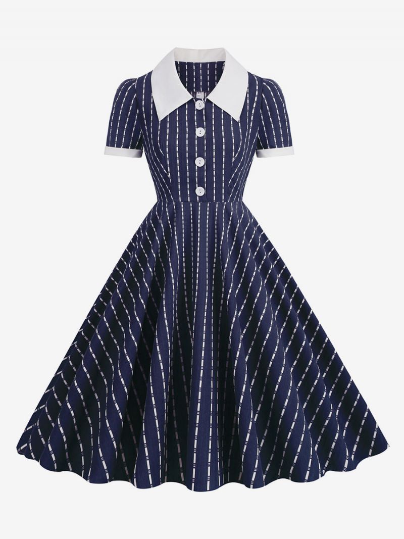 Kvinders Vintagekjole Peter Pan-kraveknapper 1950'erne Audrey Hepburn-stil Korte Ærmer Farveblok Medium Mørk Marineblå Swingkjole - Mørk Navy