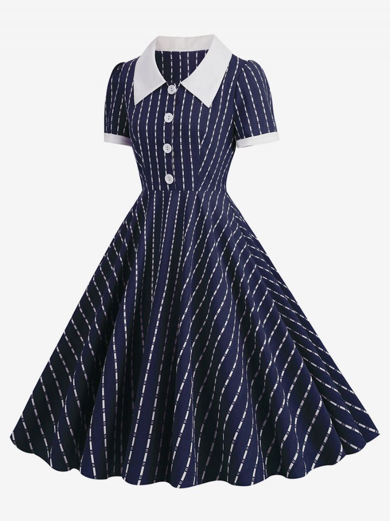 Kvinders Vintagekjole Peter Pan-kraveknapper 1950'erne Audrey Hepburn-stil Korte Ærmer Farveblok Medium Mørk Marineblå Swingkjole - Mørk Navy