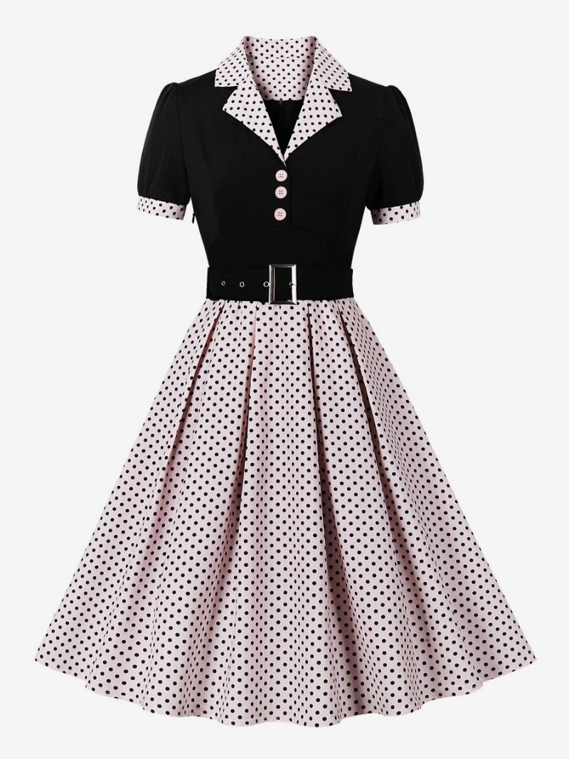 Kvinders Vintagekjole Pink Polka Dot 1950'erne Audrey Hepburn Style Sash Kortærmede V-hals Knælængde Swing Kjole