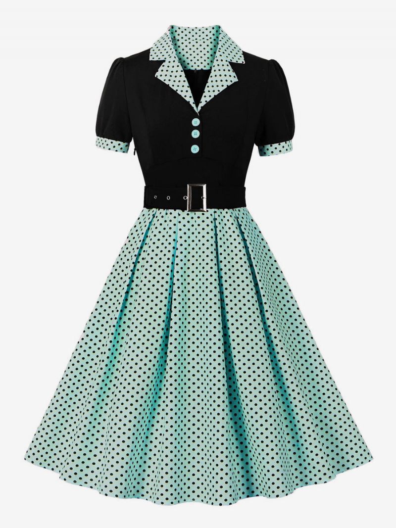 Kvinders Vintagekjole Pink Polka Dot 1950'erne Audrey Hepburn Style Sash Kortærmede V-hals Knælængde Swing Kjole - Lysegrøn