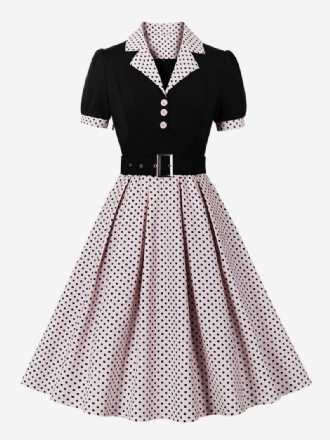 Kvinders Vintagekjole Pink Polka Dot 1950'erne Audrey Hepburn Style Sash Kortærmede V-hals Knælængde Swing Kjole