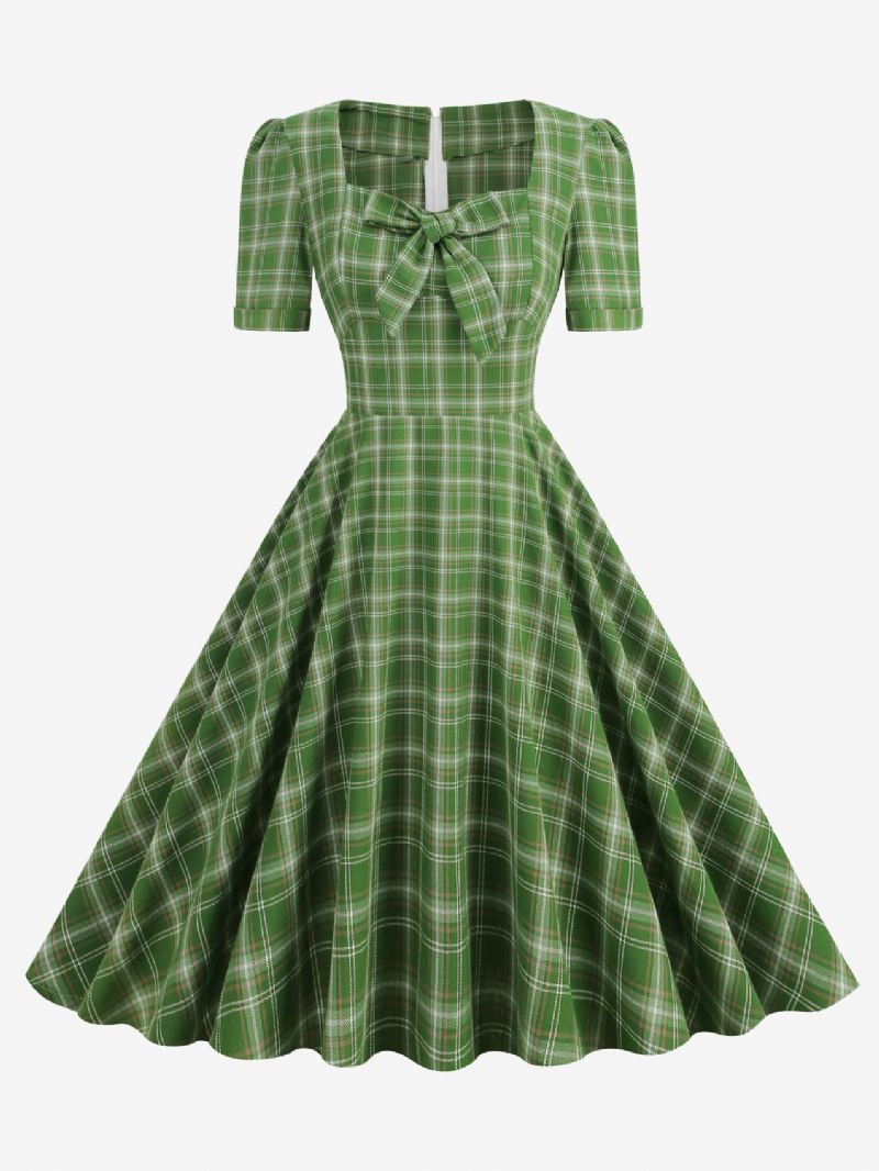 Kvinders Vintagekjole Rød Plaid 1950'erne Audrey Hepburn-stil Sløjfer Kortærmede Sweetheart Neck Medium Swing Kjole