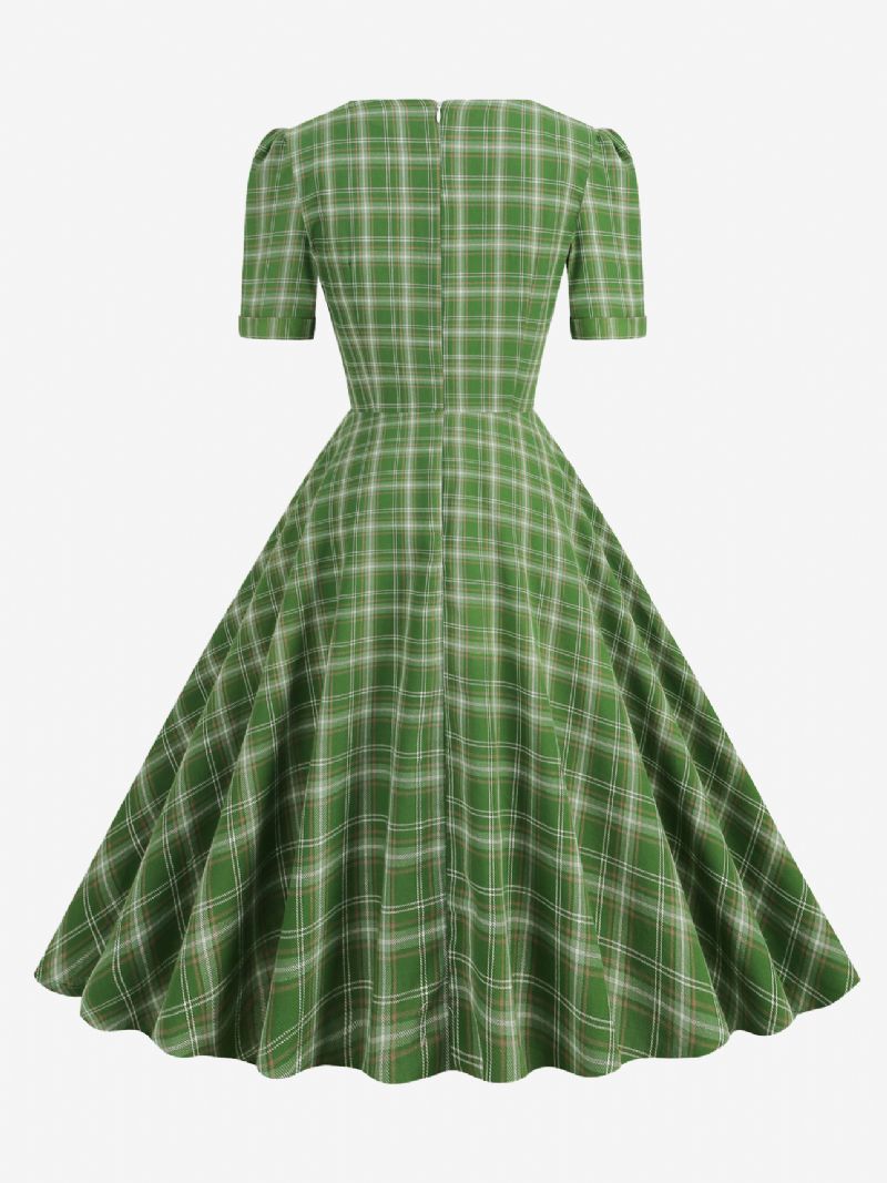 Kvinders Vintagekjole Rød Plaid 1950'erne Audrey Hepburn-stil Sløjfer Kortærmede Sweetheart Neck Medium Swing Kjole - Grøn