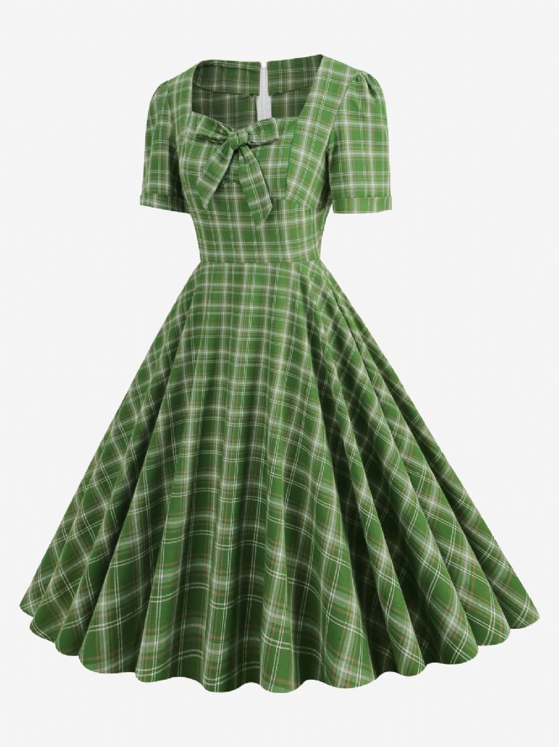 Kvinders Vintagekjole Rød Plaid 1950'erne Audrey Hepburn-stil Sløjfer Kortærmede Sweetheart Neck Medium Swing Kjole - Grøn