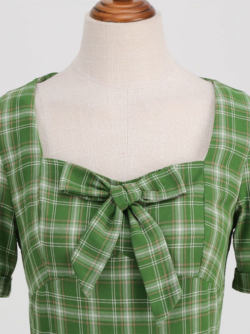 Kvinders Vintagekjole Rød Plaid 1950'erne Audrey Hepburn-stil Sløjfer Kortærmede Sweetheart Neck Medium Swing Kjole - Grøn