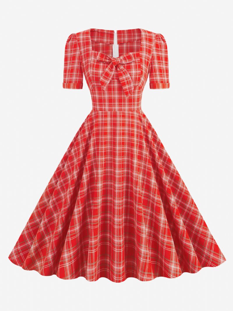 Kvinders Vintagekjole Rød Plaid 1950'erne Audrey Hepburn-stil Sløjfer Kortærmede Sweetheart Neck Medium Swing Kjole - Rød