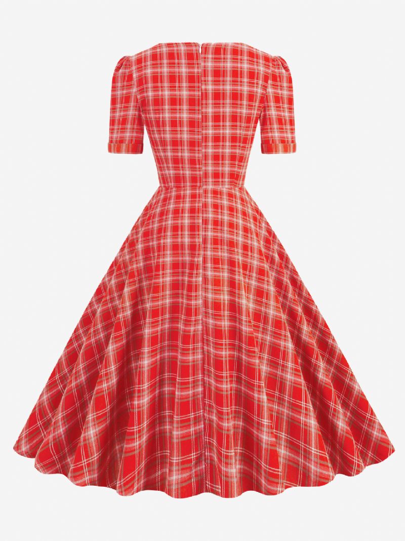 Kvinders Vintagekjole Rød Plaid 1950'erne Audrey Hepburn-stil Sløjfer Kortærmede Sweetheart Neck Medium Swing Kjole - Rød