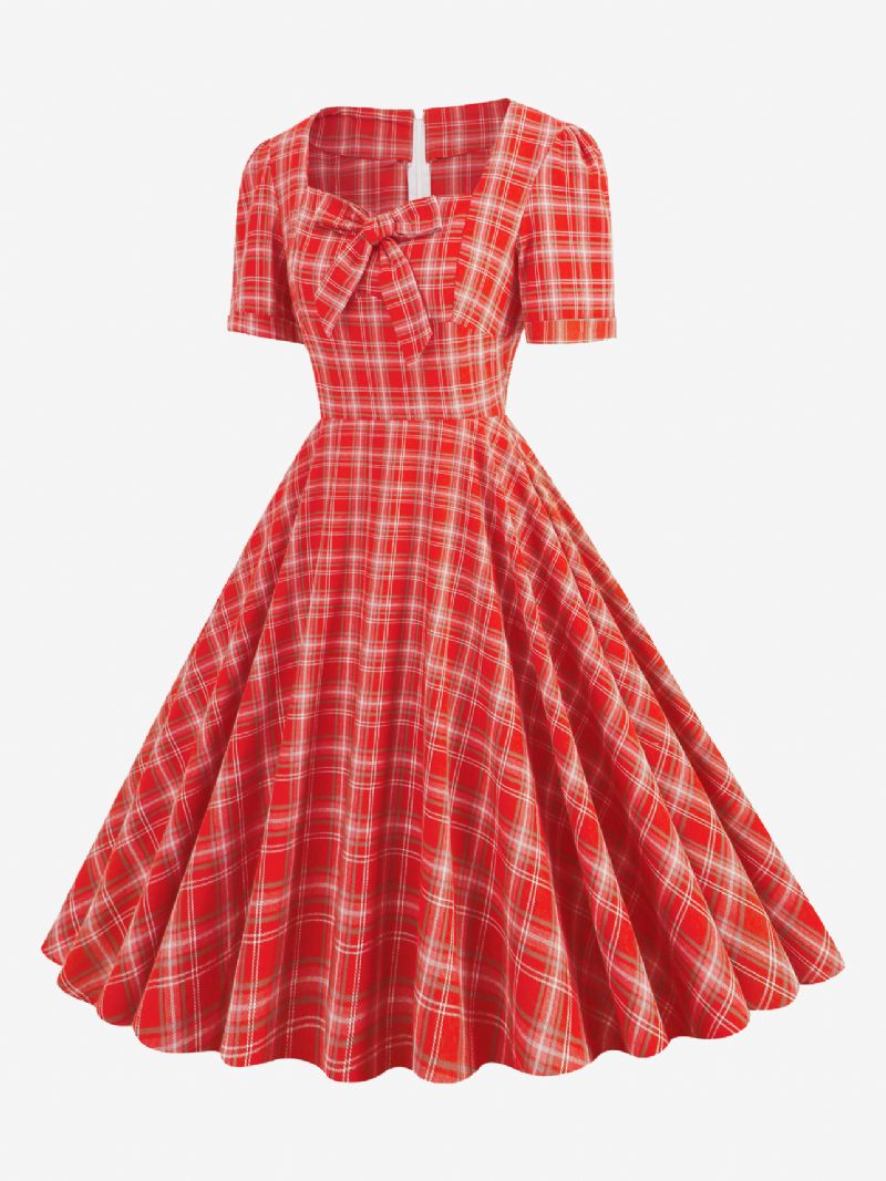 Kvinders Vintagekjole Rød Plaid 1950'erne Audrey Hepburn-stil Sløjfer Kortærmede Sweetheart Neck Medium Swing Kjole - Rød