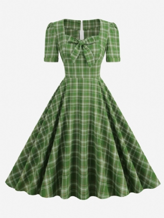 Kvinders Vintagekjole Rød Plaid 1950'erne Audrey Hepburn-stil Sløjfer Kortærmede Sweetheart Neck Medium Swing Kjole