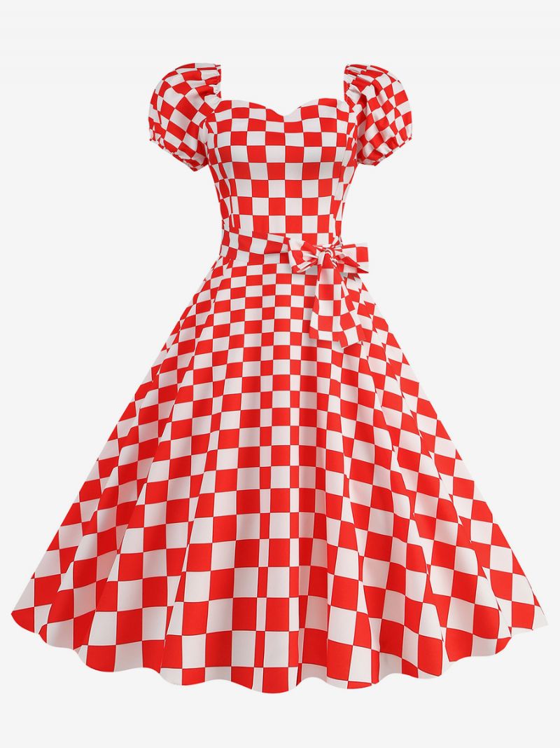 Kvinders Vintagekjole Sweetheart Neck Pufærmer Polka Dots Afslappede Lange Kjoler - Rød