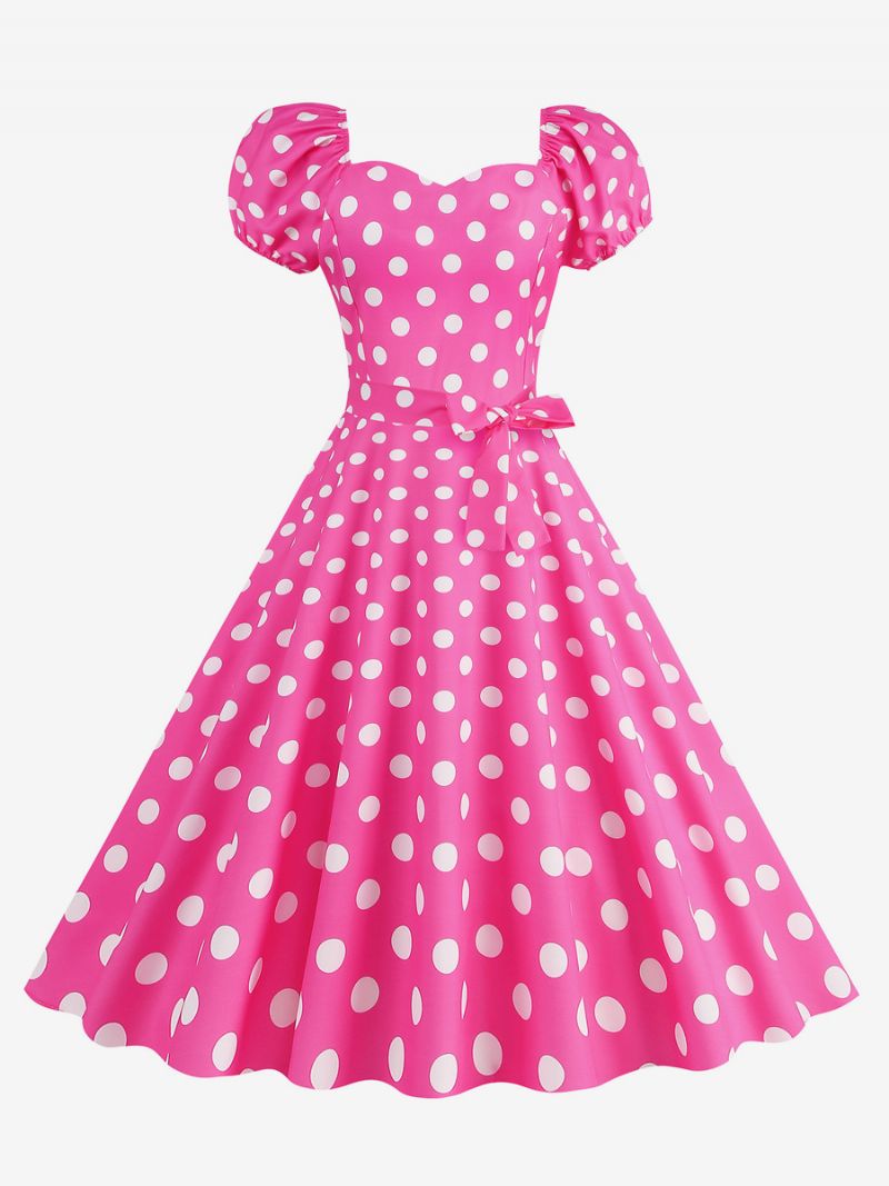 Kvinders Vintagekjole Sweetheart Neck Pufærmer Polka Dots Afslappede Lange Kjoler - Rose