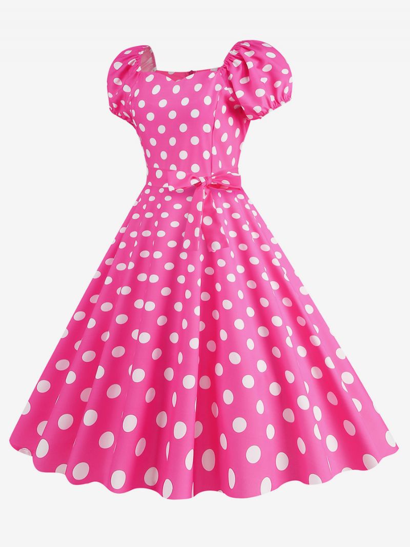 Kvinders Vintagekjole Sweetheart Neck Pufærmer Polka Dots Afslappede Lange Kjoler - Rose