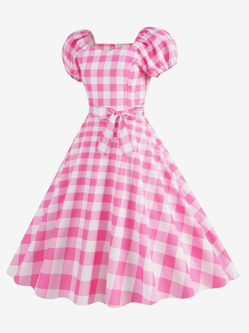 Kvinders Vintagekjole Sweetheart Neck Pufærmer Polka Dots Afslappede Lange Kjoler - Pink