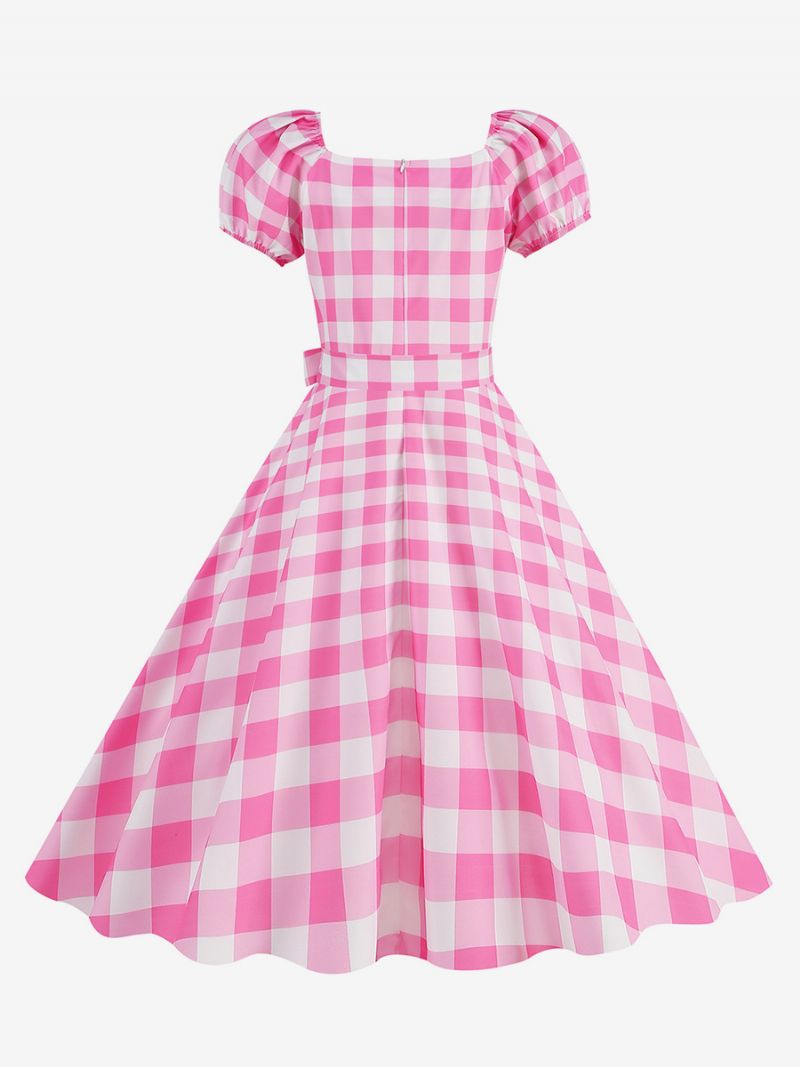 Kvinders Vintagekjole Sweetheart Neck Pufærmer Polka Dots Afslappede Lange Kjoler - Pink