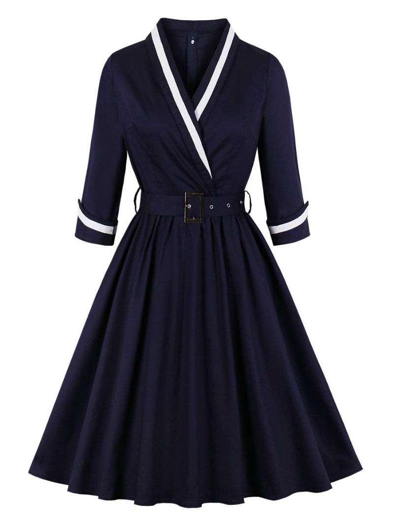 Kvinders Vintagekjoler 1950'erne Audrey Hepburn Style Dark Navy Tofarvet Bælte Langærmet V-hals Midikjole - Dark Navy