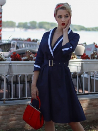 Kvinders Vintagekjoler 1950'erne Audrey Hepburn Style Dark Navy Tofarvet Bælte Langærmet V-hals Midikjole