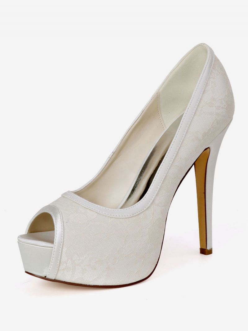 Kvinders Wedding Pumps Broderede Peep Toe Platform Brudesko - Elfenben