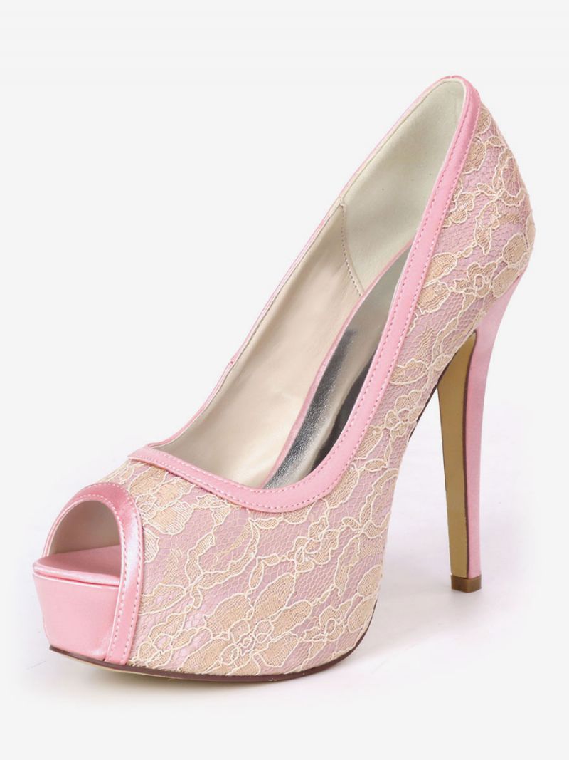 Kvinders Wedding Pumps Broderede Peep Toe Platform Brudesko - Pink