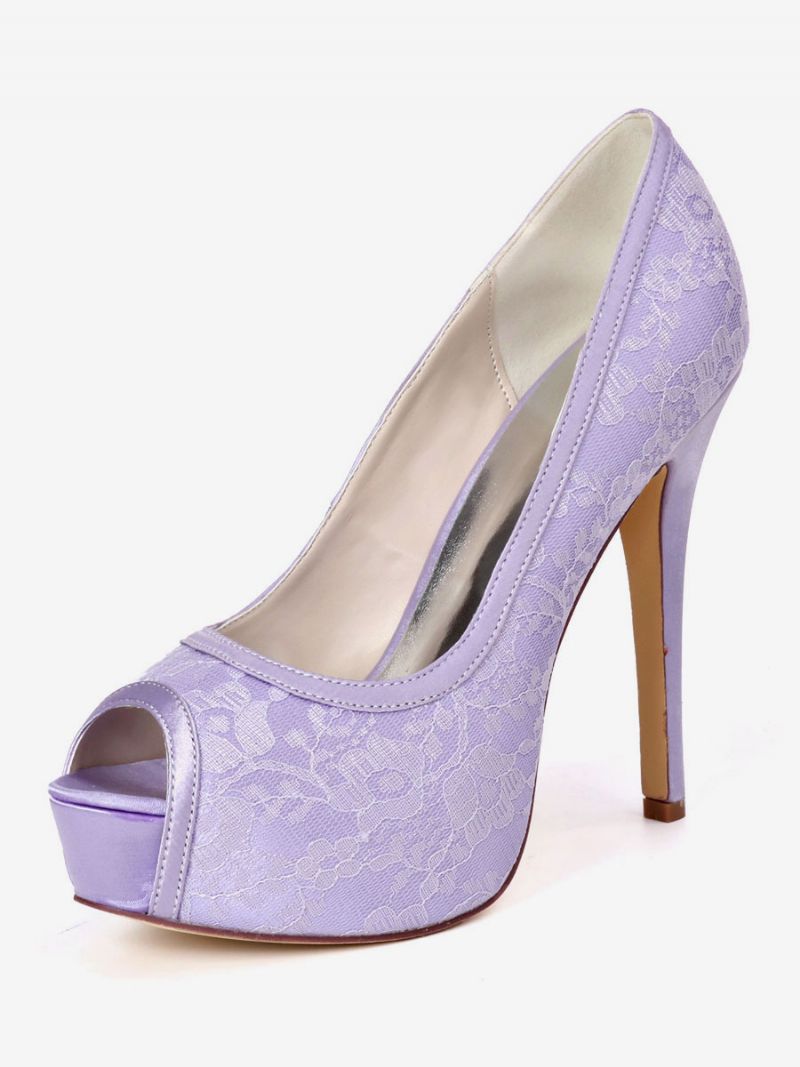 Kvinders Wedding Pumps Broderede Peep Toe Platform Brudesko - Lilac