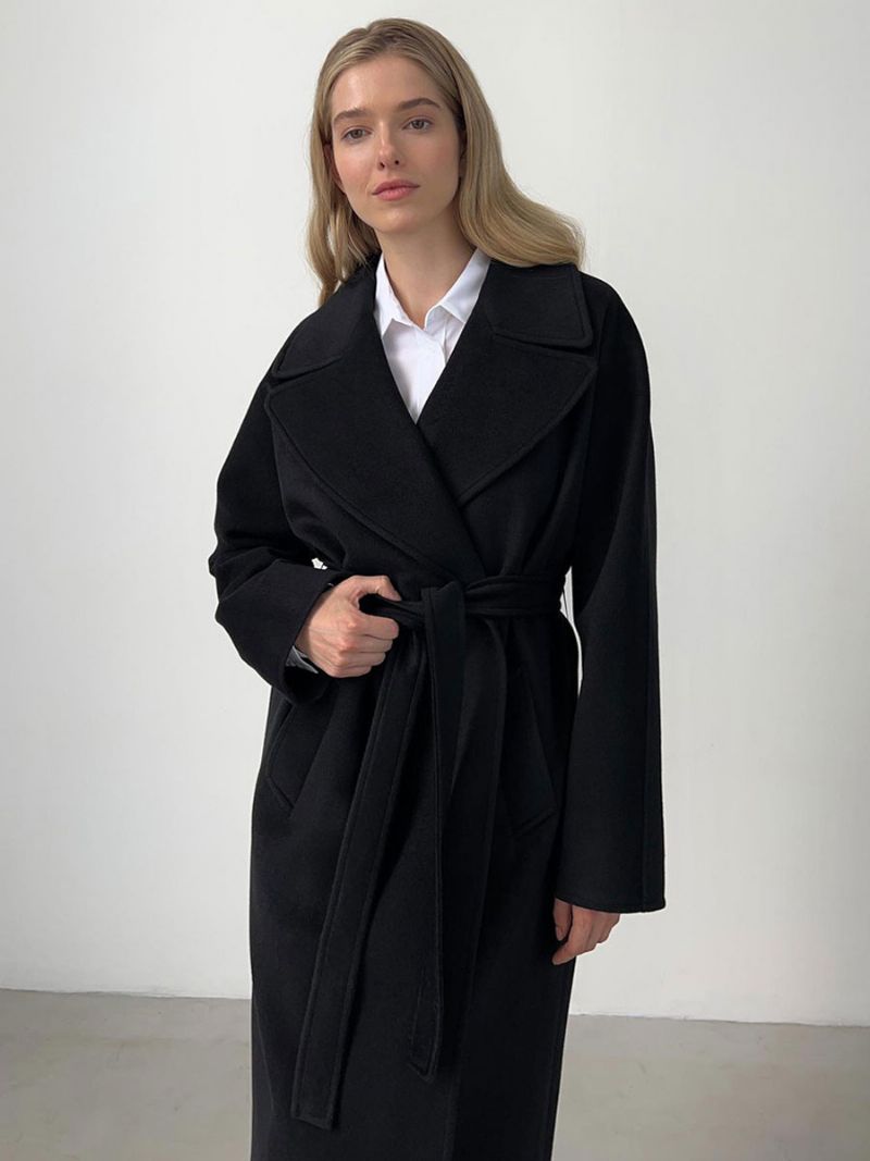 Kvinders Wrap Trench Coat Lanched Lapel Skrålommer Klassisk Vinterovertøj - Sort