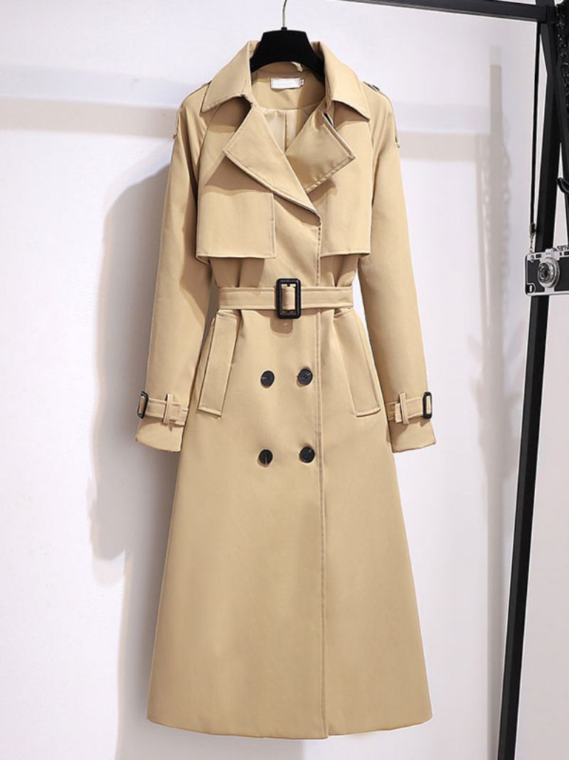 Lang Frakke Til Kvinder Turndown-krave Langærmet Casual Thicken Khaki Woolen Coat