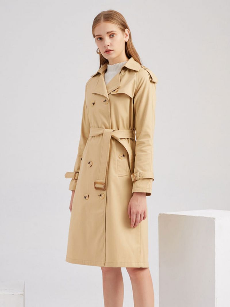 Lang Trenchcoat Khaki Turndown-krave Langærmede Revers Klassisk Dobbeltradet Forår Efterår Street Outwear Til Kvinder