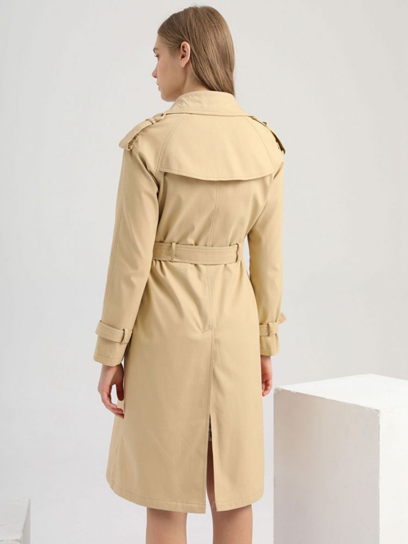 Lang Trenchcoat Khaki Turndown-krave Langærmede Revers Klassisk Dobbeltradet Forår Efterår Street Outwear Til Kvinder - Kaki