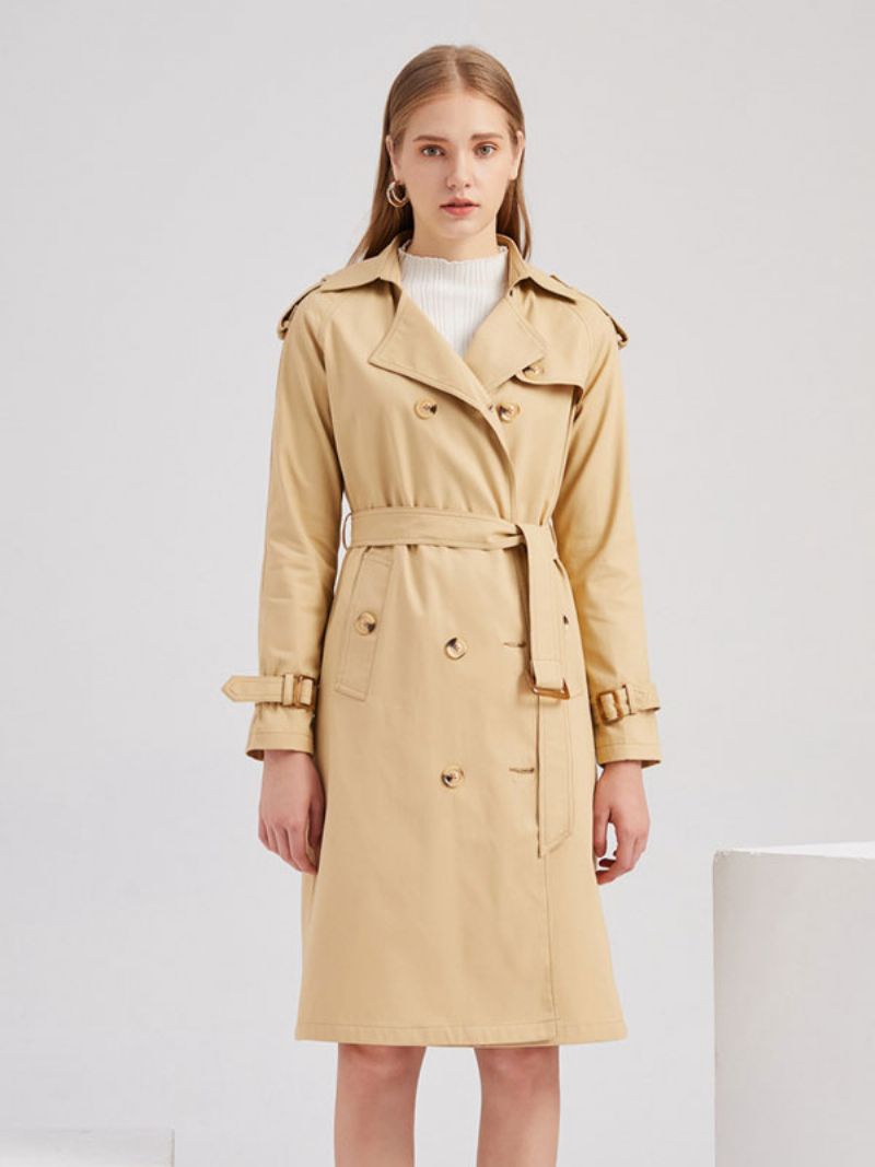 Lang Trenchcoat Khaki Turndown-krave Langærmede Revers Klassisk Dobbeltradet Forår Efterår Street Outwear Til Kvinder - Kaki