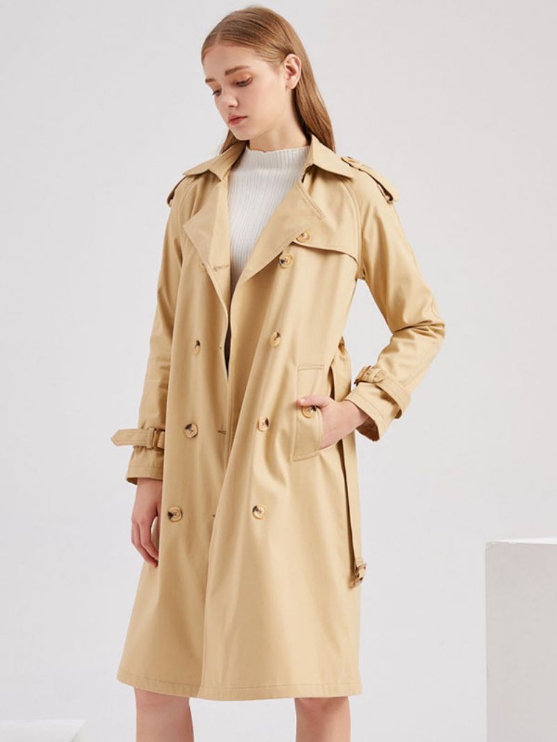 Lang Trenchcoat Khaki Turndown-krave Langærmede Revers Klassisk Dobbeltradet Forår Efterår Street Outwear Til Kvinder - Kaki