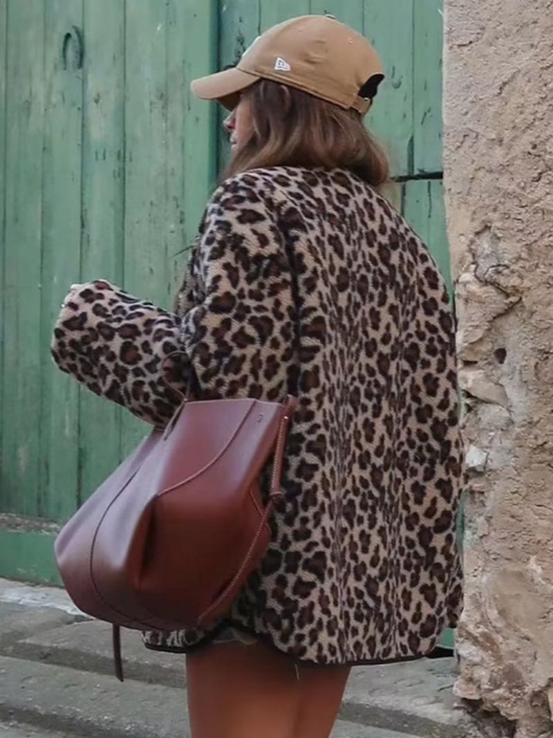 Leopard Jakke Lommer Knapper Casual Efterår Forår Jakker Til Damer - Kaffe Brun