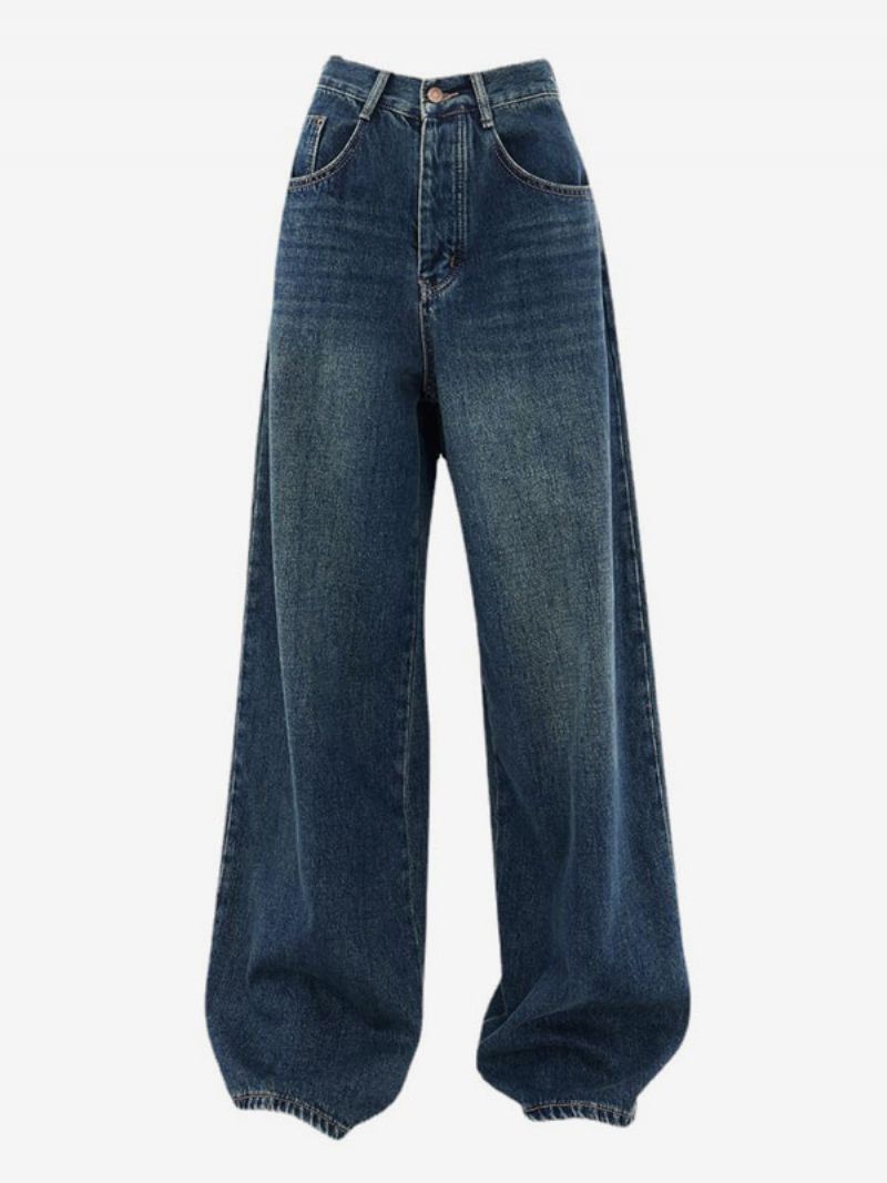 Lige Jeans Til Kvinder Vintage Højtaljede Brede Benunderdele - Blå