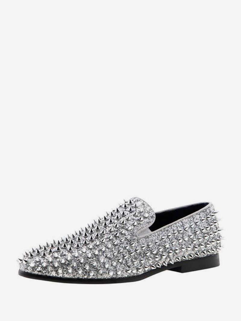 Loafer Sko Til Mænd Pailletter Glitter Pigge Nitter Slip-on Prom Fest Bryllup - Sølv