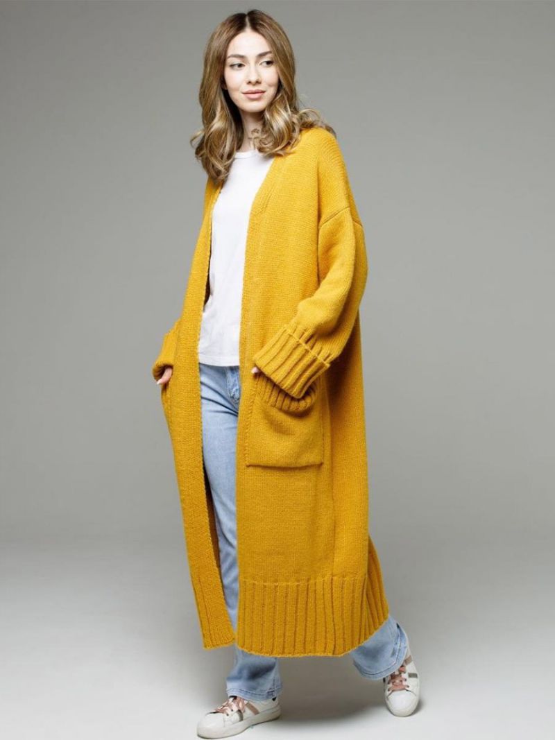 Longline Cardigan Langærmet Drop Shoulder Ribbet Dame Sweater - Gul