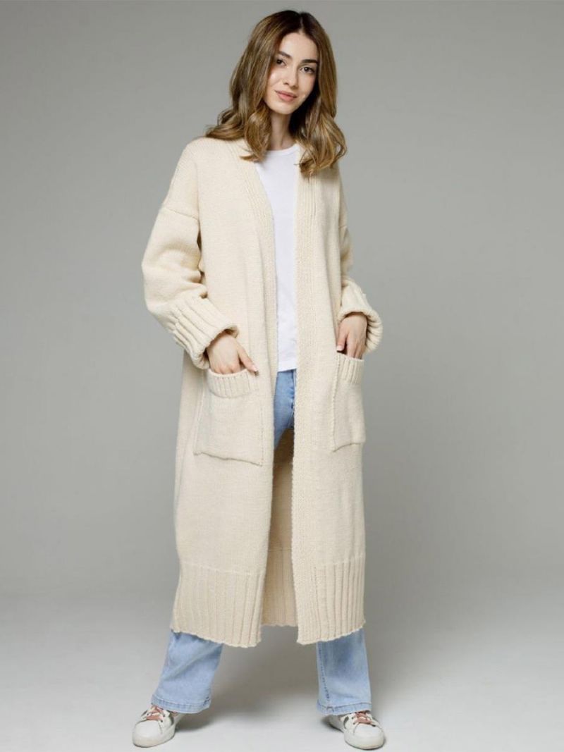 Longline Cardigan Langærmet Drop Shoulder Ribbet Dame Sweater - Beige