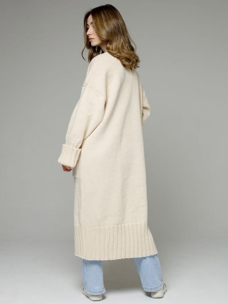 Longline Cardigan Langærmet Drop Shoulder Ribbet Dame Sweater - Beige