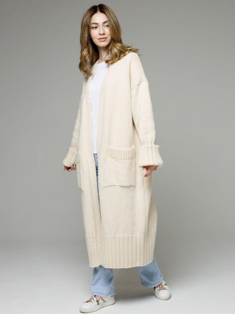 Longline Cardigan Langærmet Drop Shoulder Ribbet Dame Sweater - Beige