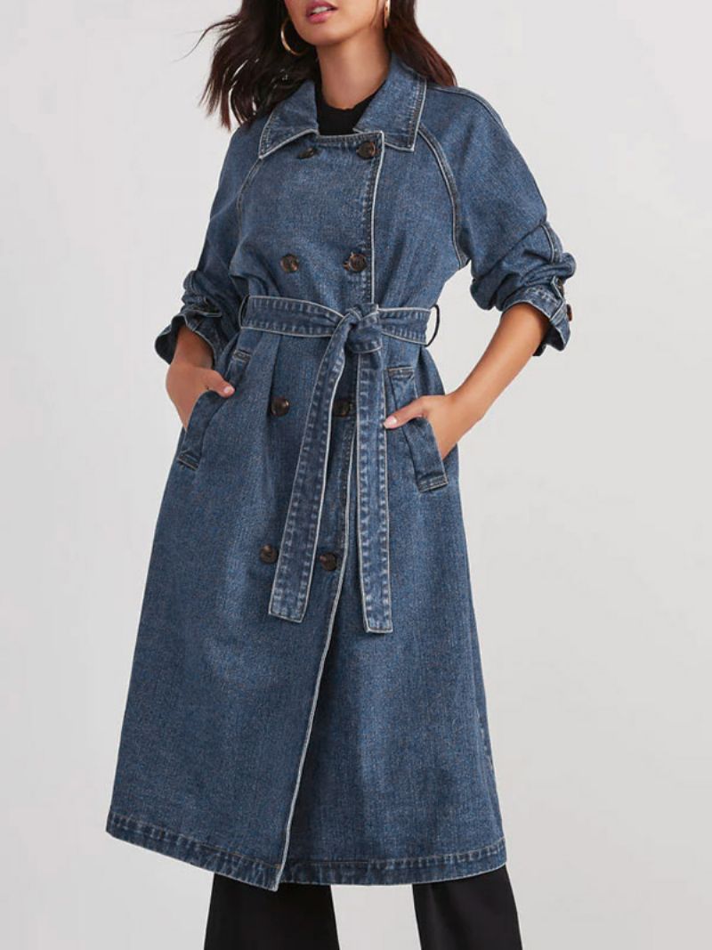 Longline Denim Coat Double Breast Belted Dame Overtøj - Blå