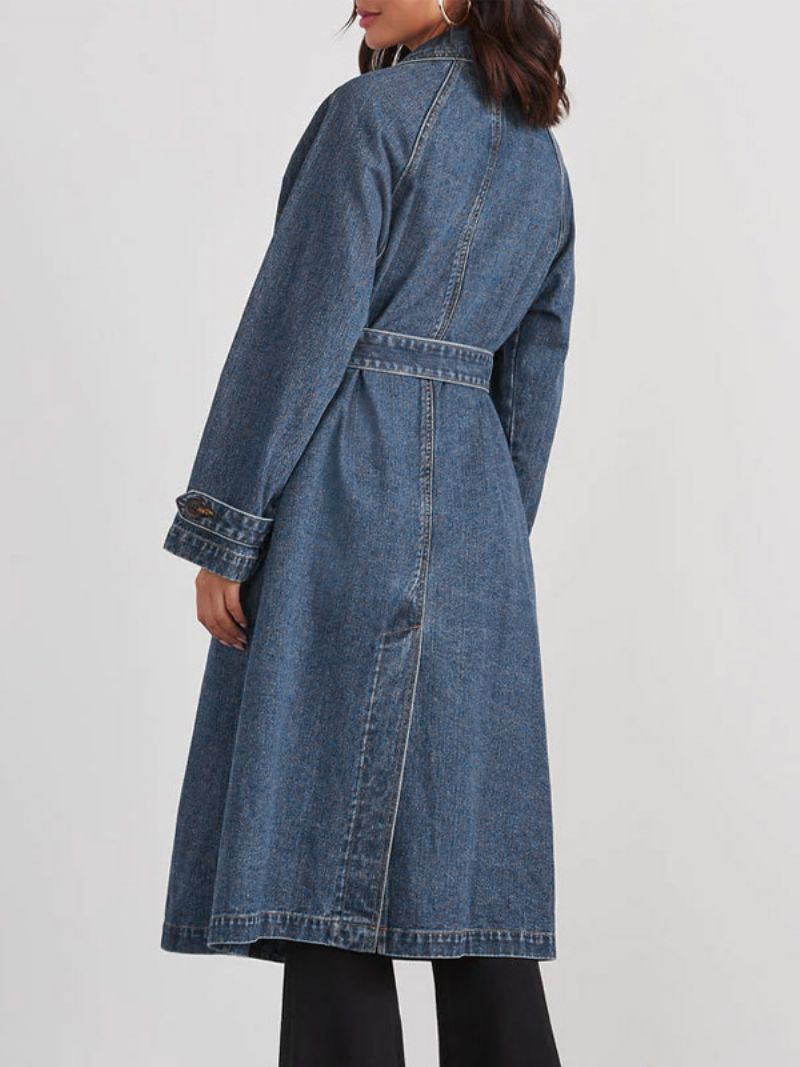 Longline Denim Coat Double Breast Belted Dame Overtøj - Blå