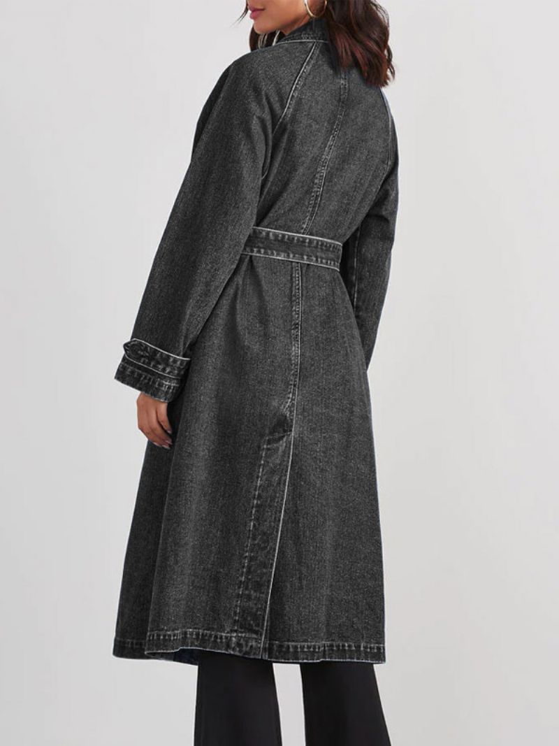 Longline Denim Coat Double Breast Belted Dame Overtøj - Sort