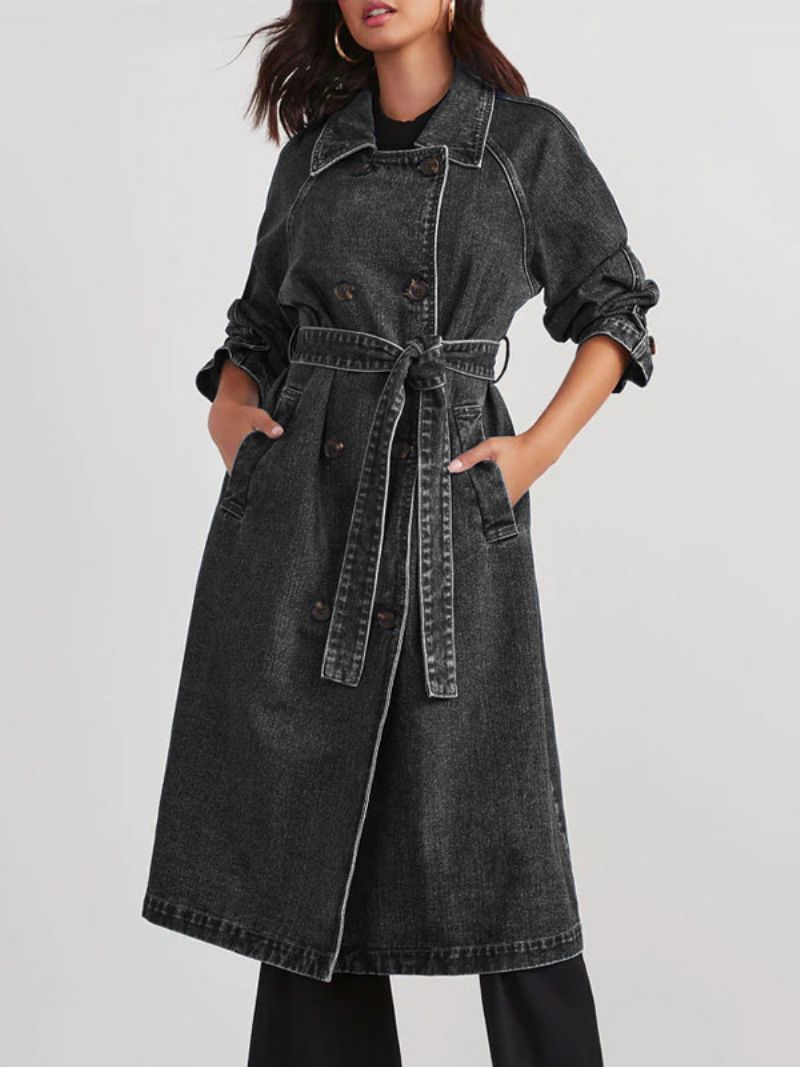 Longline Denim Coat Double Breast Belted Dame Overtøj - Sort