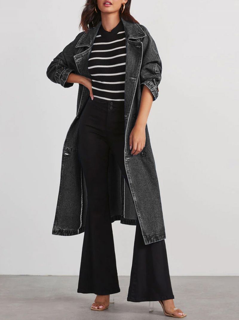 Longline Denim Coat Double Breast Belted Dame Overtøj - Sort