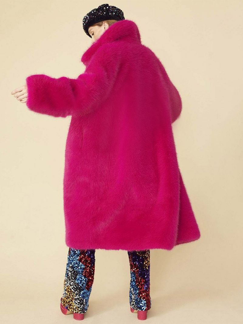 Longline Fuzzy Coat Collared Front Knap Ensfarvet Overtøj Til Kvinder - Rose