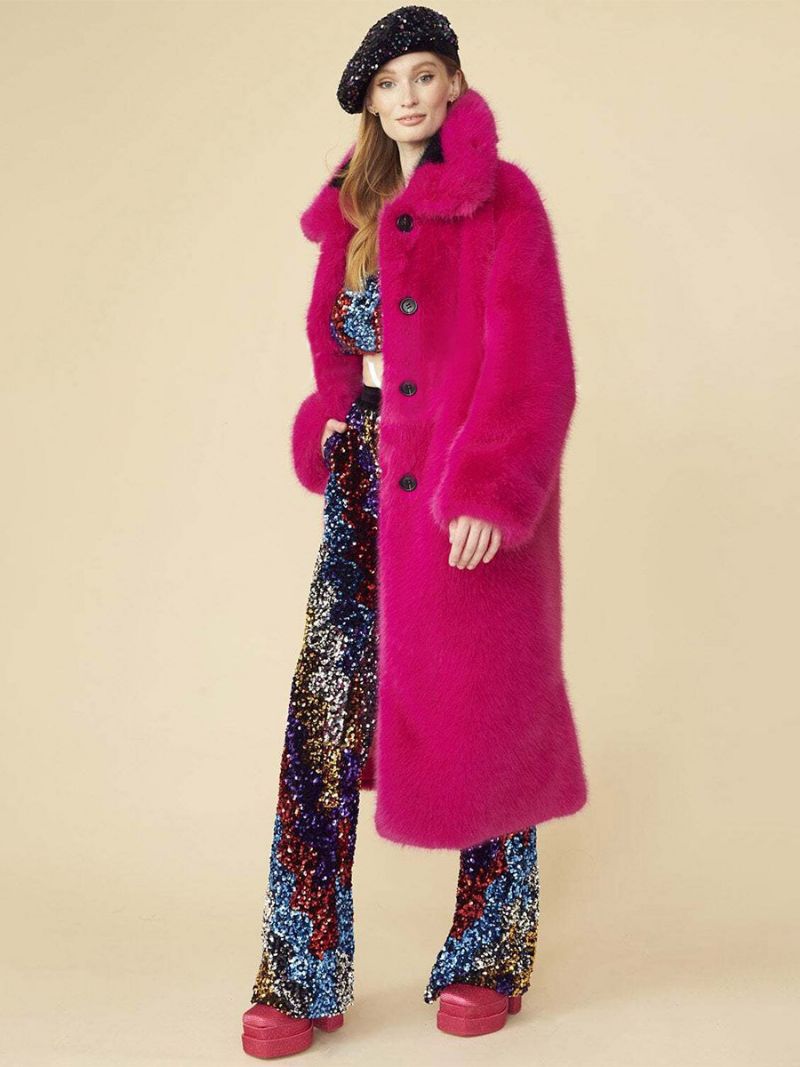 Longline Fuzzy Coat Collared Front Knap Ensfarvet Overtøj Til Kvinder - Rose