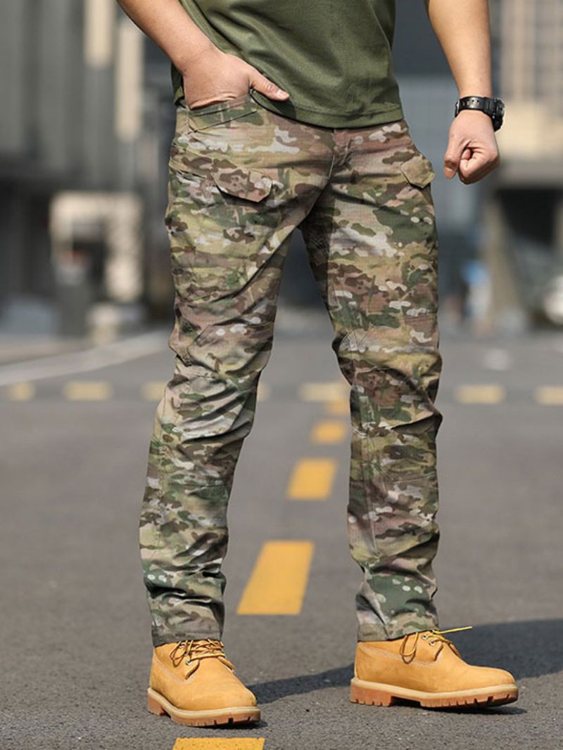 Mænd Bukser Casual Camouflage Natural Talje Lige Cargo Pant Sorte - Lysegrøn